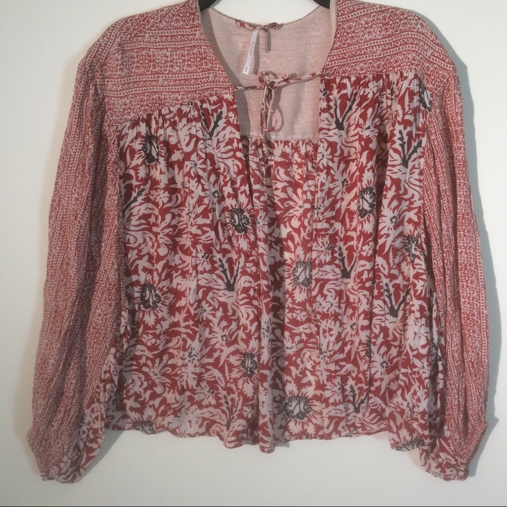 Free People Red Cream Peasant Blouse Open Tie Front Boho Shirt Top Summer
